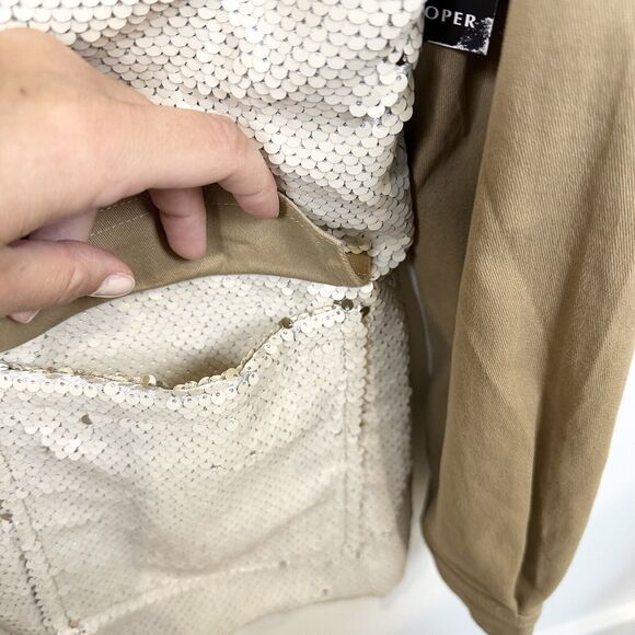 Boston Proper Jacket Women’s Large Beige Sequin Embellished Puff Sleeve Utility - Picture 3 of 16